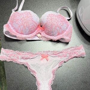 Pink Lace Push-Up Bra & Thong Set